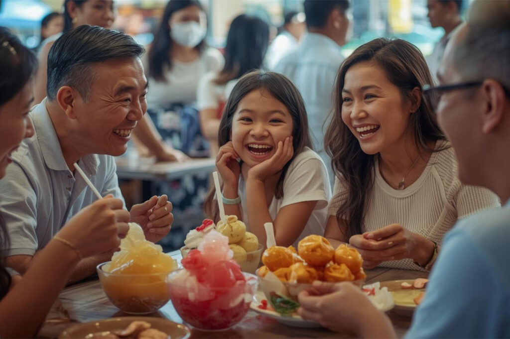 A happy Asian family and friends gathered around a table at a restaurant in Singapore, laughing and enjoying colorful bowls of Ice Kachang (shaved ice dessert) and small golden pastries.