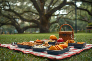 Low-angle shot of a picnic spread on a red and white checkered blanket with modular containers of snacks, fruit, and cheese, set beneath a large, sprawling tree in a green park.