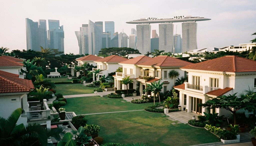 This image depicts a luxurious residential enclave featuring white villas with red-tiled roofs surrounding a lush, green courtyard. Rising dramatically in the background is the modern Singapore skyline, dominated by the iconic architecture of the Marina Bay Sands hotel.