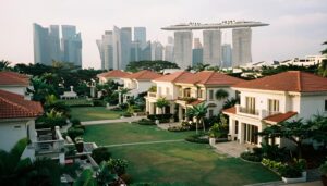 This image depicts a luxurious residential enclave featuring white villas with red-tiled roofs surrounding a lush, green courtyard. Rising dramatically in the background is the modern Singapore skyline, dominated by the iconic architecture of the Marina Bay Sands hotel.
