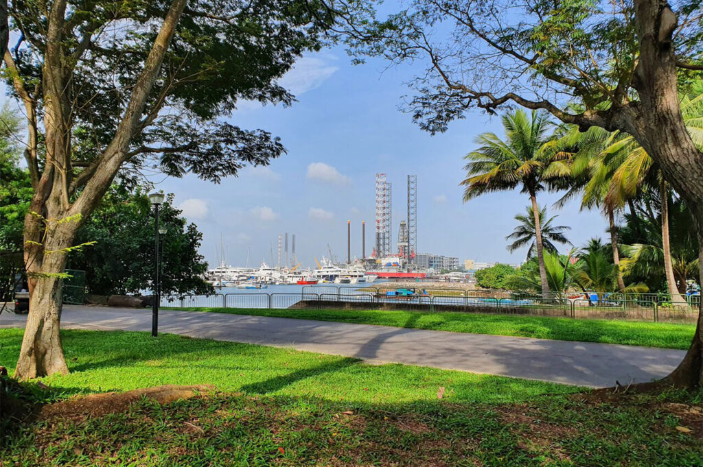 View framed by trees showing a paved path leading to a blue railing and water, with a busy marina, docked yachts, and large offshore drilling rigs or industrial structures in the background.