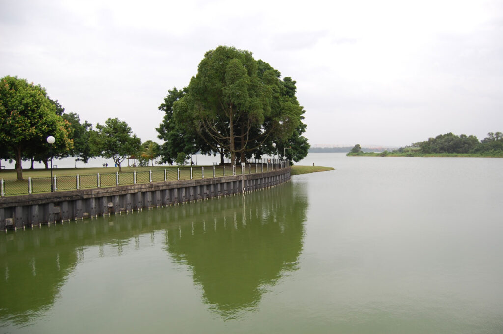 Scenic view of a large reservoir or lake with a grassy bank, tree, and a concrete/metal railing promenade along the water's edge.