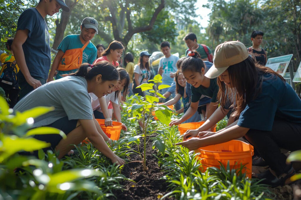 A group of diverse volunteers kneeling in the dirt, wearing bright colors, planting a young sapling during a tree planting or conservation event.