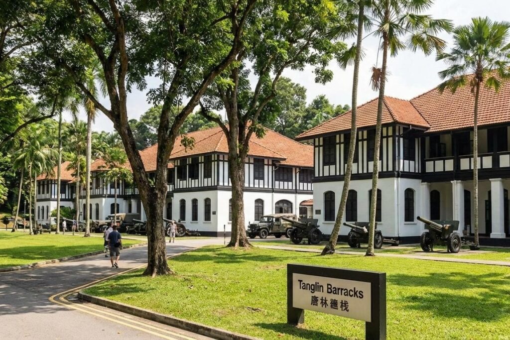This photograph captures the historic Tanglin Barracks in Singapore, showcasing colonial black-and-white buildings with red-tiled roofs amidst lush greenery. Antique artillery pieces are positioned on the well-kept lawn, with a few visitors walking along the paved pathway.