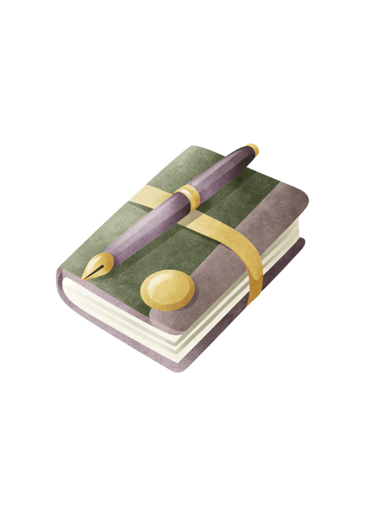 A watercolor-style illustration of a forest green journal featuring a gold horizontal band and button closure. Resting on top of the journal is a sleek, dark purple fountain pen with a gold nib and accents.