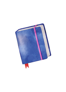 A watercolor-style illustration of a simple blue journal or notebook shown from an angled top view. The journal is secured with a vibrant pink elastic closure band, and a small red ribbon bookmark peeks out from the bottom edge.