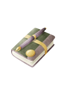 A watercolor-style illustration of a forest green journal featuring a gold horizontal band and button closure. Resting on top of the journal is a sleek, dark purple fountain pen with a gold nib and accents.