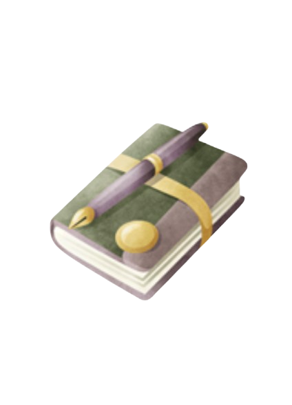 A watercolor-style illustration of a forest green journal featuring a gold horizontal band and button closure. Resting on top of the journal is a sleek, dark purple fountain pen with a gold nib and accents.