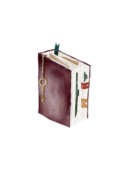 A watercolor-style illustration of a thick, dark brown leather-bound book. A vintage brass key hangs from a cord against the spine. Several colorful bookmark tabs—red, orange, and green—peek out from the side of the thick white pages.