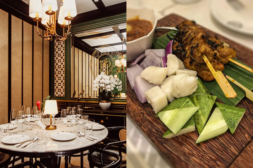 Left: eye‑level wide shot of an intimate private dining room with marble table, designer lighting, and elegant place settings. Right: close‑up table‑level shot of grilled skewers and vegetables served on a wooden platter.