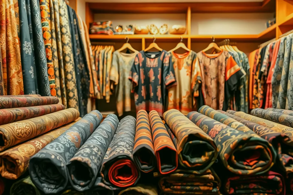 Cultural textile shop displaying colorful patterned fabrics and traditional garments, with folded cloth and hanging apparel in a boutique setting.