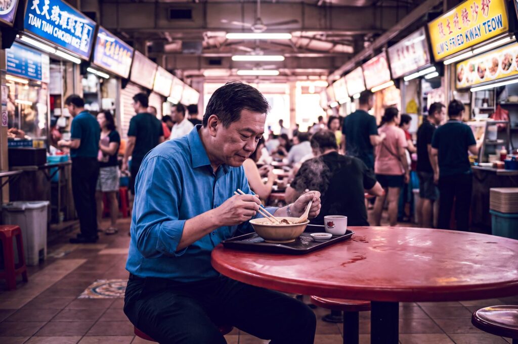 A person seated at a red table enjoying a steaming bowl of noodles inside a lively hawker centre with multiple food stalls in the background.