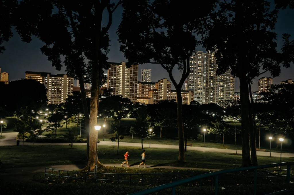 Tree‑lined urban park at night with illuminated walking paths and high‑rise apartment buildings glowing in the background.