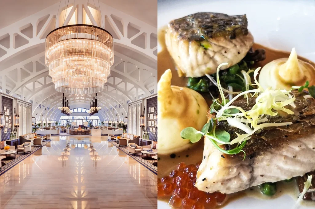 Left: symmetrical wide‑angle eye‑level shot of a luxurious hotel restaurant interior with high ceilings, chandeliers, and polished floors. Right: macro‑style close‑up shot of a gourmet plated fish dish with vegetables and sauce.