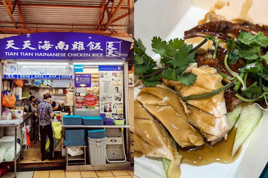 eft: Wide-angle eyeboard with Chinese characters, an open kitchen counter, and customers inside a traditional food centre; Right: Top-down close-up shot of Singapore Hainanese chicken rice showcasing sliced poached chicken and roasted chicken glazed with soy sauce, cucumber, and fresh cilantro served on a white plate.
