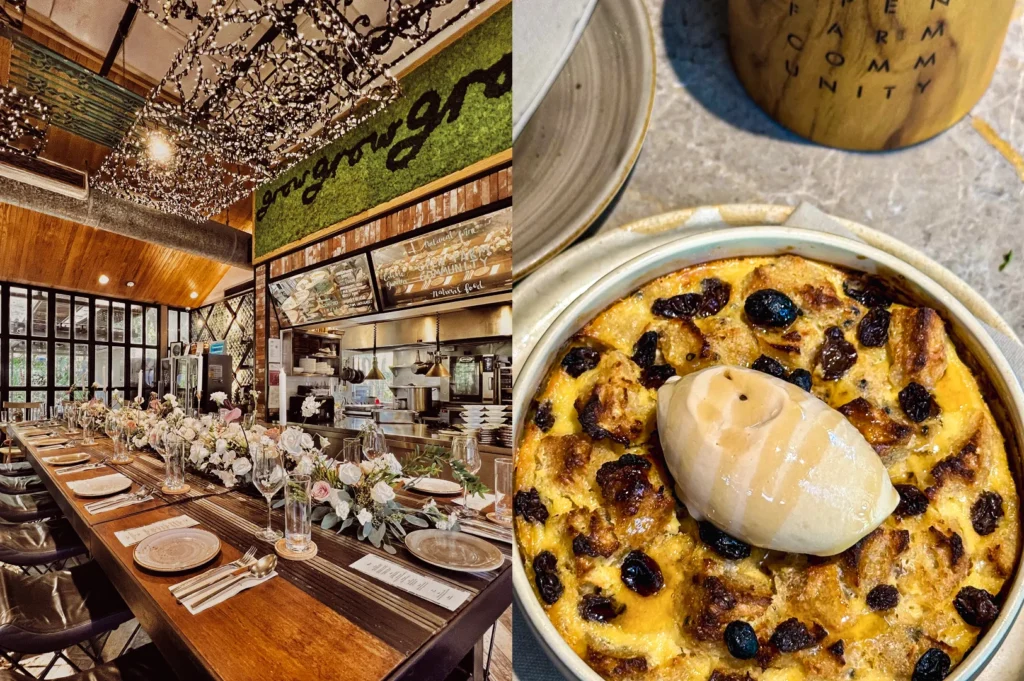 Left: wide‑angle eye‑level shot of a long private dining table set for a group dinner in a modern restaurant with warm lighting and open kitchen design. Right: top‑down close‑up shot of a baked dessert served in a ceramic dish with ice cream on top.