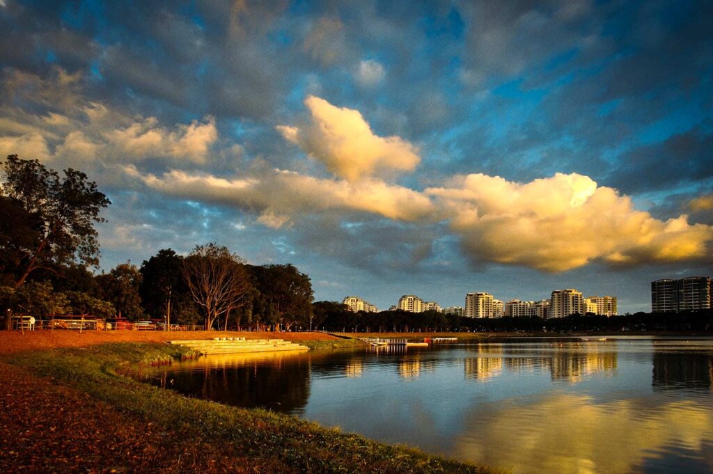 Golden-hour clouds reflected on Bedok Reservoir beside lush greenery.