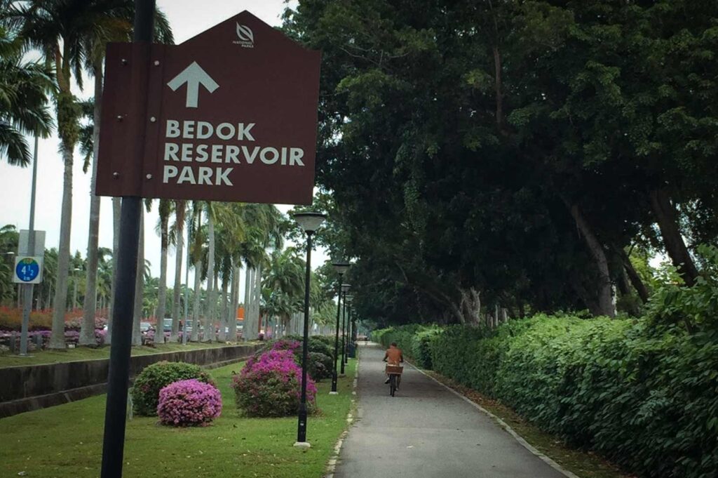 Cyclist riding along a tree-lined pathway toward Bedok Reservoir Park sign.