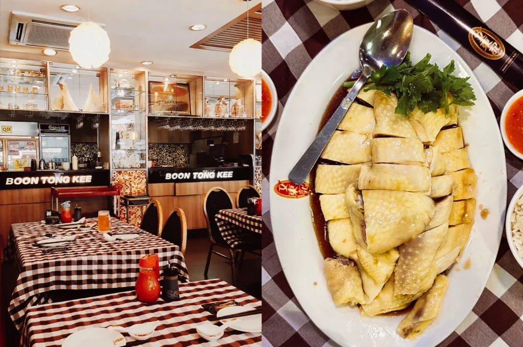 Left: Wide-angle, eye-level view of Boon Tong Kee restaurant interior in Singapore, showing checkered tablecloth dining tables, wooden chairs, pendant lighting, and a counter area with glass displays, hanging glassware, and illuminated signage reading ‘BOON TONG KEE’; Right: Top-down close-up of a plate of Hainanese poached chicken cut into pieces, glazed with soy-based sauce and garnished with cilantro, served on a white oval dish with a metal spoon, surrounded by small bowls of chili sauce and rice on a checkered tablecloth.