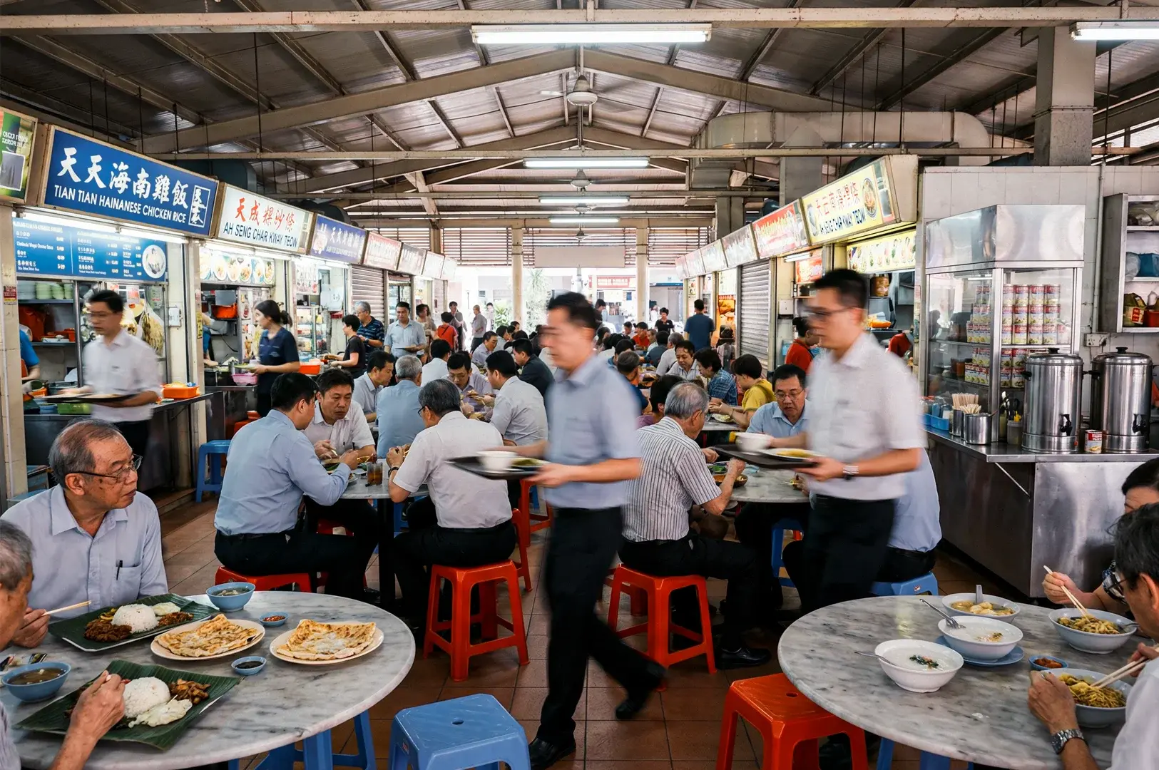 Wide-angle, eye-level shot of a busy Asian hawker center interior with long rows of marble tables, red and blue stools, and multiple food stalls in the background, showing a lunchtime crowd eating traditional street food under a high metal roof with fluorescent lighting.