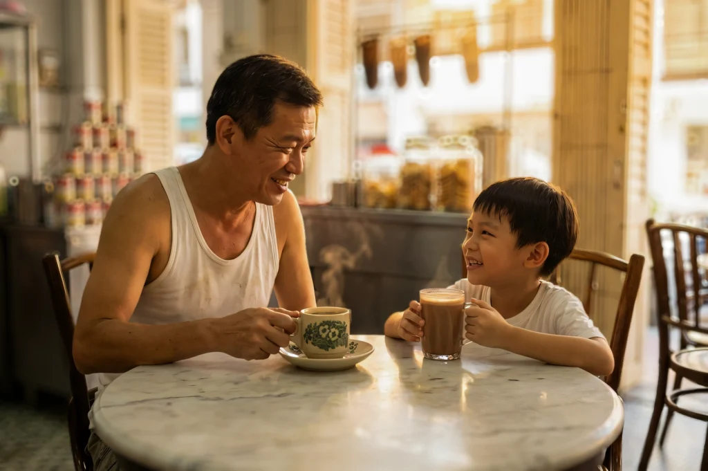 Father and son sitting at a marble table in a traditional kopitiam, enjoying hot local coffee in a classic green‑floral cup and a glass of hot chocolate milo, with warm sunlight streaming through vintage wooden shutters.