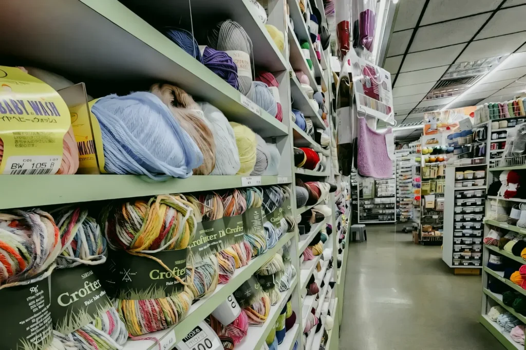 Craft and yarn store interior featuring shelves of multicolored yarn, knitting supplies, and handicraft materials arranged along a wide aisle.
