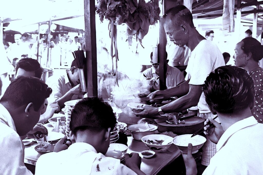 Historic street hawker scene showing people seated around a food stall as steam rises from freshly prepared dishes in a lively open‑air setting.