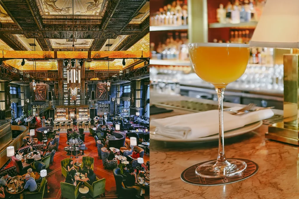 Wide-angle, elevated viewpoint of a grand, ornate bar lounge with high ceilings, intricate decorative panels, layered lighting, plush seating arrangements, and multiple guests seated at tables across a richly colored carpeted floor, emphasizing architectural details and depth. Right: Close-up, eye-level shot of a stemmed cocktail glass filled with an orange-colored drink on a marble or stone bar surface, accompanied by a plate with a folded napkin and softly blurred shelves of bottles in the background, with warm lighting highlighting the drink’s color and glass clarity.