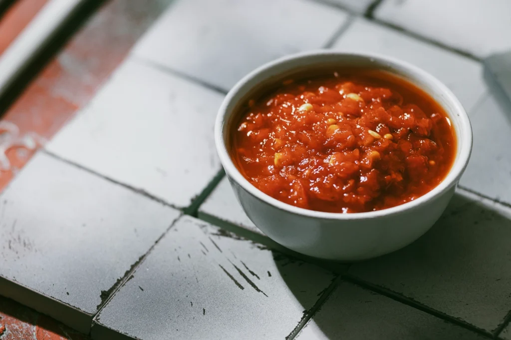 Three‑quarter overhead close‑up of a white bowl filled with chunky red sambal chili paste on a rustic tiled table, lit by natural morning light.