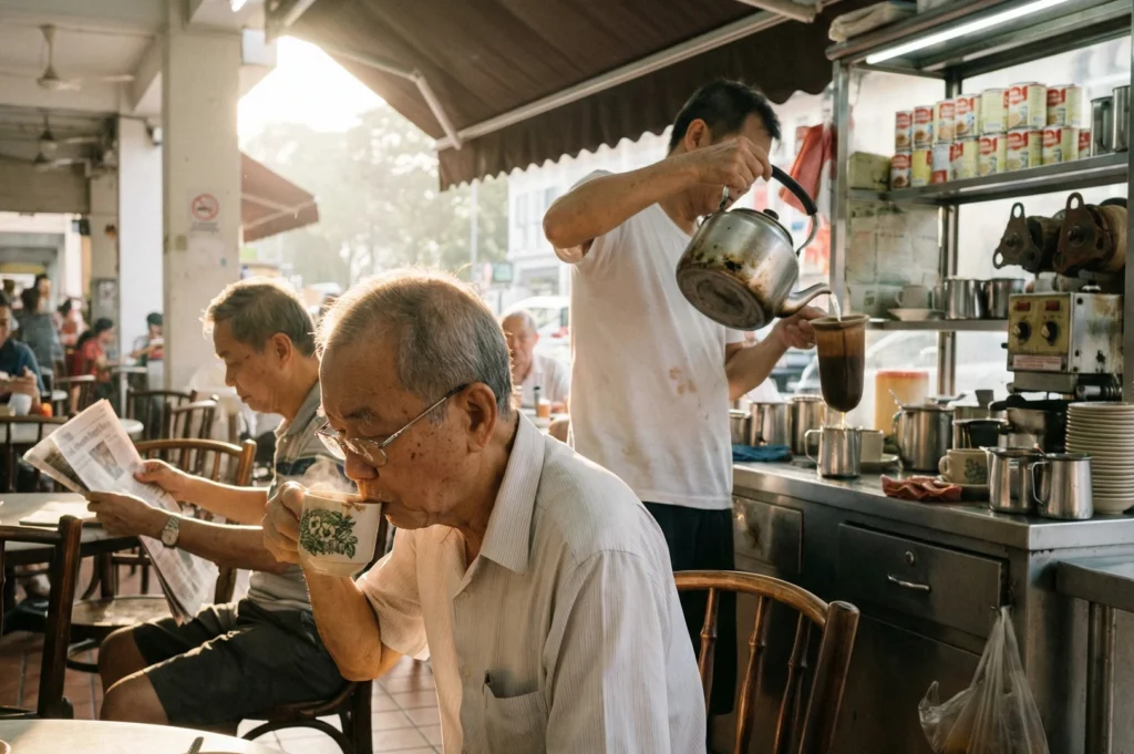 Eye‑level medium shot of a traditional kopitiam interior with patrons seated at wooden chairs, one person drinking coffee from a ceramic cup, while a beverage stall prepares drinks in the background under warm morning light.