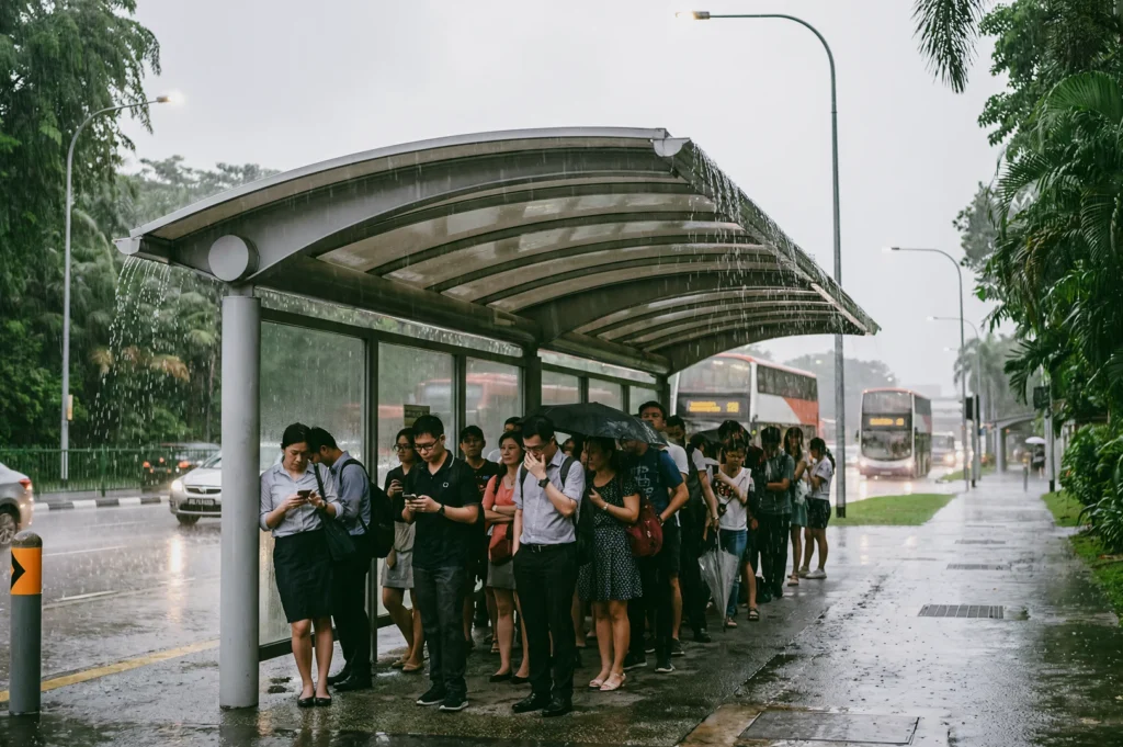 Wide eye-level street shot of commuters lining up at a covered bus stop during heavy rain, with people standing under umbrellas and checking phones along a wet urban roadway.