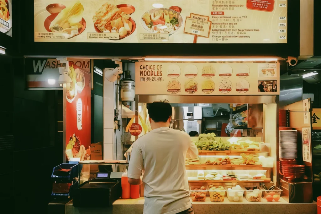 Straight-on eye-level shot of a customer ordering food at a hawker stall with a brightly lit display of vegetables, noodles, and menu boards overhead, capturing a familiar routine at a casual Asian food court.