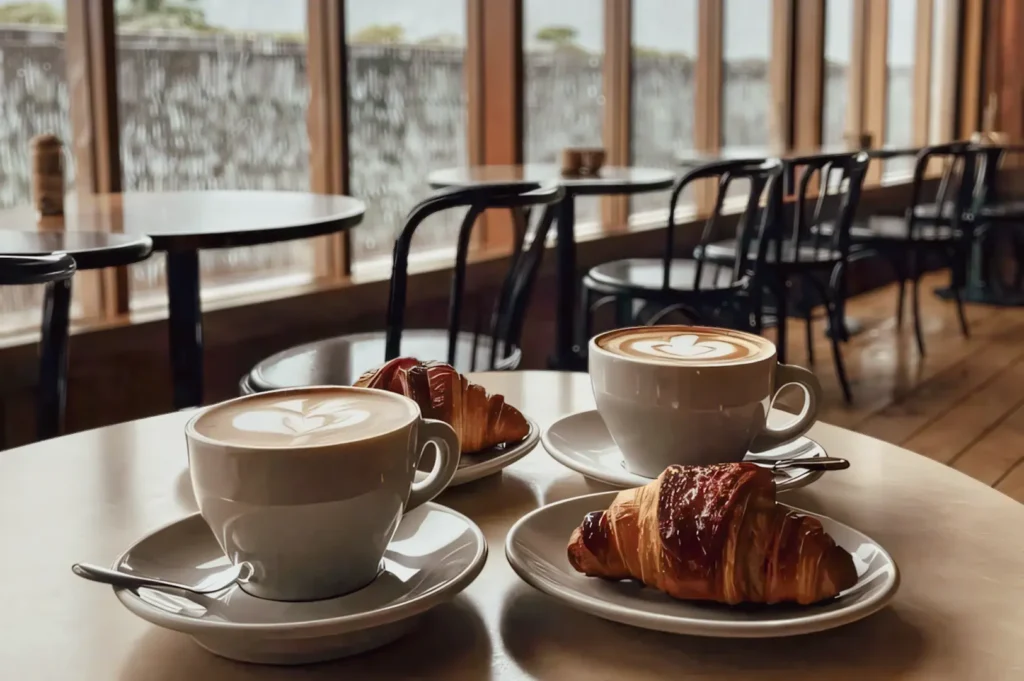 Eye‑level wide shot of a cozy café table set with cappuccinos featuring latte art and freshly baked croissants by a window, highlighting relaxed coffee culture, café dining, and brunch ambiance.