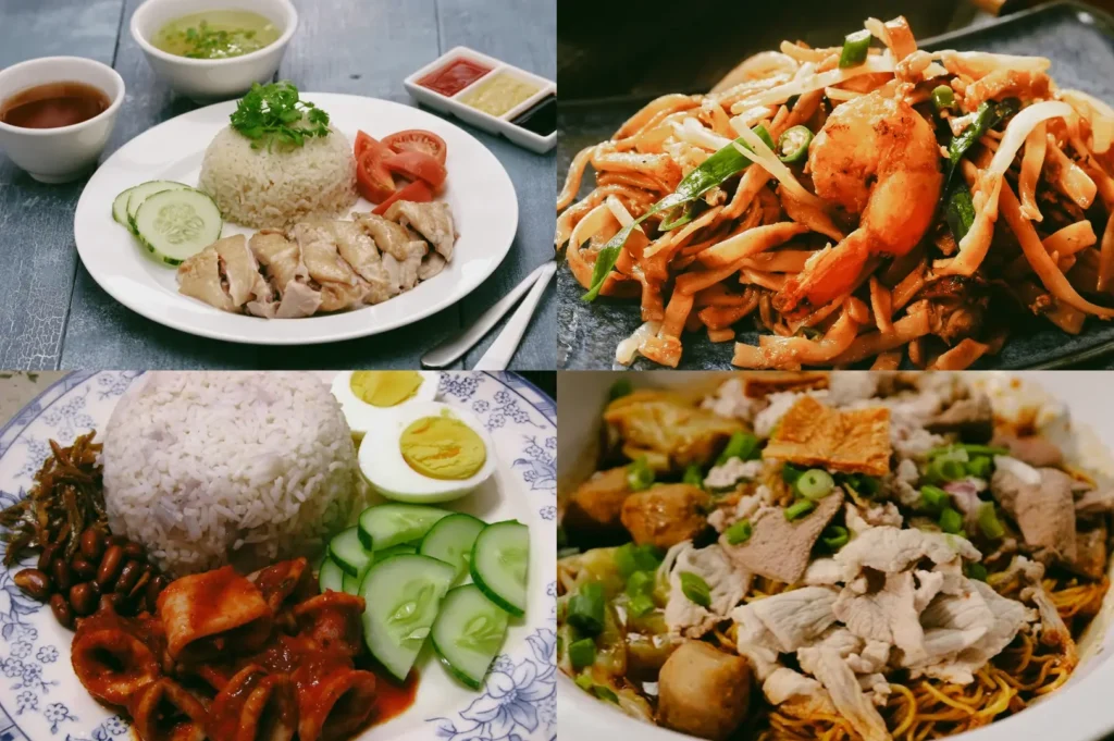 Upper Left: Top‑down food photograph of Hainanese chicken rice, showing sliced poached chicken beside a mound of steamed white rice topped with herbs, with cucumber, tomato, and dipping sauces on a gray tabletop under soft lighting. Upper Right: Close‑up, three‑quarter angle of Char Kway Teow, featuring stir‑fried flat rice noodles with visible seafood and vegetables in a dark bowl with glossy highlights. Lower Left: Top‑down view of Nasi Lemak on a patterned plate, including steamed rice, sliced cucumber, halved boiled egg, dark beans, and meat in reddish sauce under even lighting. Lower Right: Close‑up, slightly angled view of Bak Chor Mee, showing thin noodles topped with sliced pork, braised meat, and chopped green onions in broth, photographed with warm, editorial food lighting.