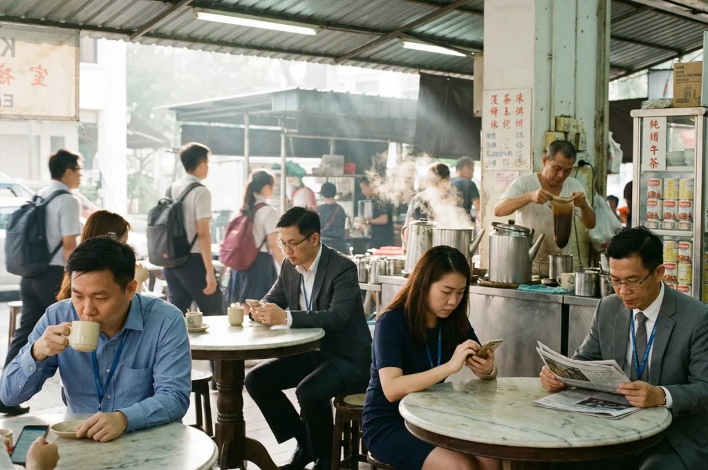Wide‑angle eye‑level shot of a bustling kopitiam with round marble tables, patrons reading newspapers and using mobile phones, and a drink stall steaming beverages amid a lively morning crowd.