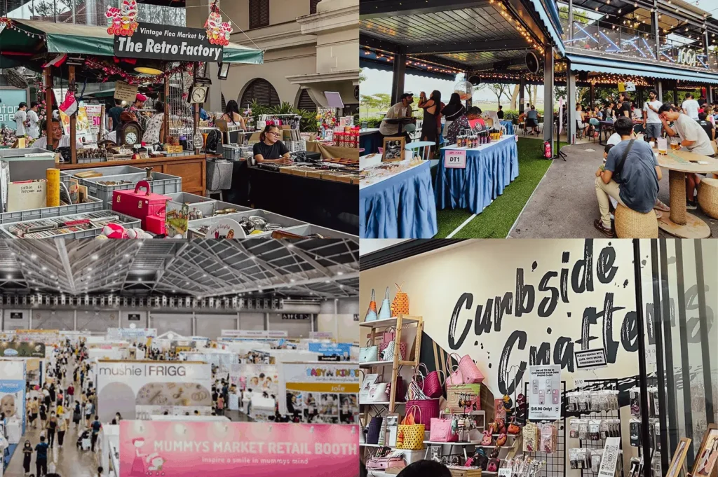 Wide‑angle interior and outdoor shots of multiple pop‑up markets featuring vintage stalls, retail booths, artisan displays, and casual dining areas, emphasizing Singapore’s vibrant weekend markets, creative retail culture, and community events.