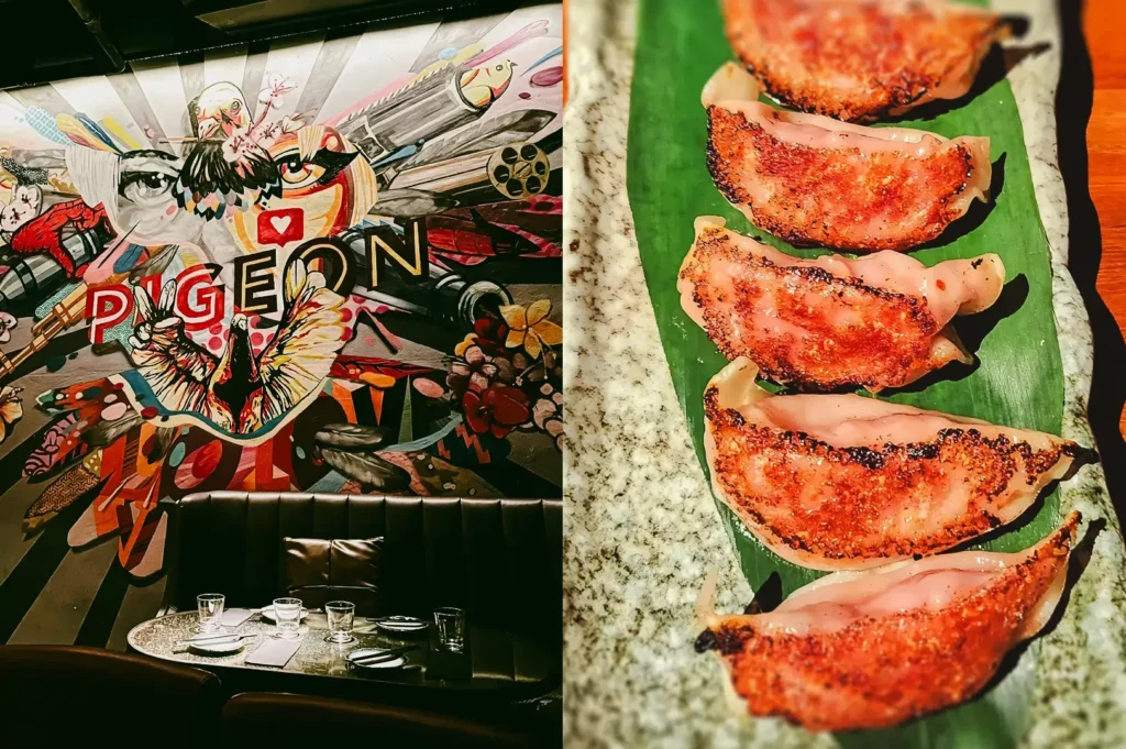 Left: Wide-angle interior view of a restaurant booth set for dining, featuring a vibrant mural with a stylized pigeon in bold letters, surrounded by abstract mechanical shapes and vivid patterns, illuminated by even ambient lighting. Right: Close-up shot of four golden-brown pan-fried gyoza arranged neatly on a rectangular plate atop a green leaf, highlighting their crispy texture and glossy finish under soft light.