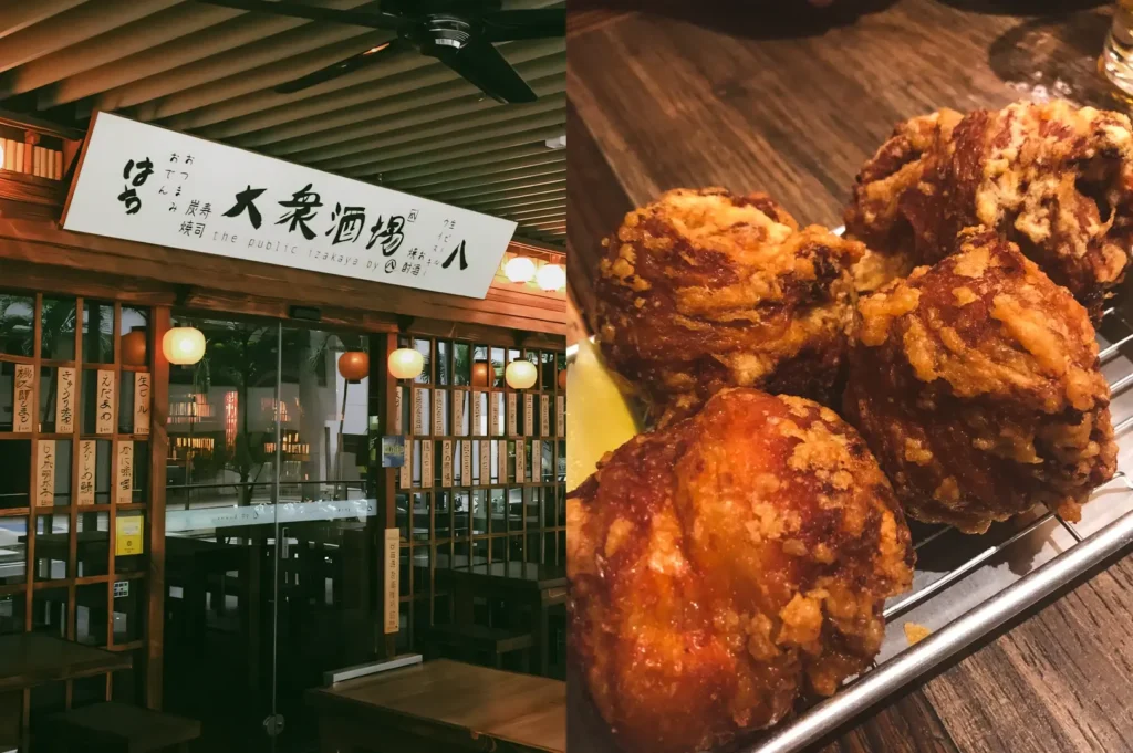 Left: Eye-level, wide-angle shot of a traditional izakaya storefront in Singapore with a white Japanese signboard, vertical wooden menu placards, glass doors, and round paper lanterns casting soft, warm light over a compact dining area. Right: Close-up, slightly top-down shot of deep-fried chicken karaage pieces with a crisp, golden-brown crust resting on a metal rack and lined plate, with textured batter and warm highlights emphasizing crunch and oil sheen.