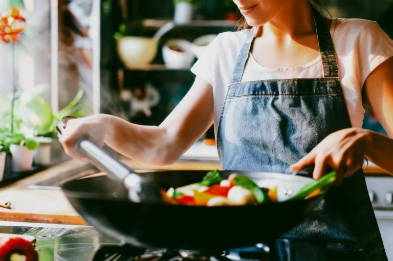 Side‑angle medium close‑up shot of a person stir‑frying fresh vegetables in a wok on a home kitchen stovetop, wearing an apron and cooking near a window with natural light.