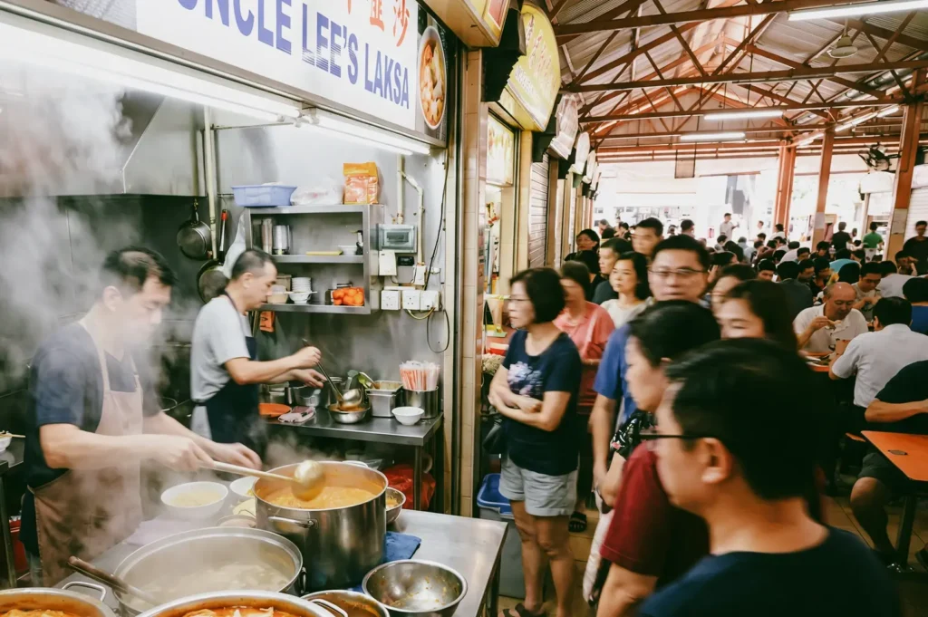 Medium-wide, eye-level shot of a busy Singapore hawker stall with a queue of customers waiting as a vendor prepares steaming pots of laksa, capturing the aromas and energy of neighbourhood street food.