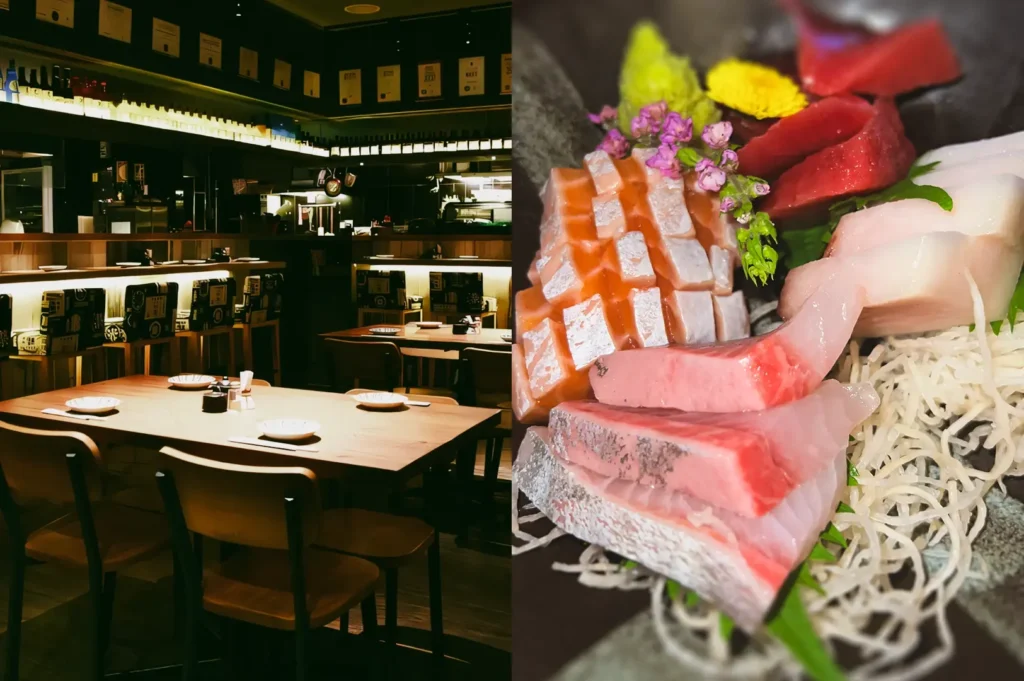 Left: Eye-level, wide-angle shot of a modern izakaya dining room in Singapore, showing neatly arranged wooden tables and chairs set with small ceramic plates, shelves of sake bottles lining the walls, and warm, ambient lighting that highlights dark wood textures and a cozy, intimate Japanese restaurant interior. Right: Close-up, top-down shot of an assorted sashimi platter on a dark ceramic plate, featuring thickly sliced raw fish in varying shades of pink, red, and white, neatly layered on shredded white daikon with green leaves, small edible flowers, and simple garnishes, lit to emphasize freshness, moisture, and clean knife cuts.