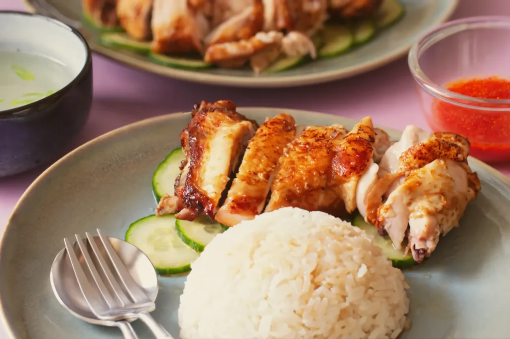 Close-up slightly angled shot of Singapore Hainanese chicken rice featuring sliced roasted chicken with fragrant white rice, cucumber slices, chili sauce, and light soup served on ceramic plates against a pastel tabletop setting.