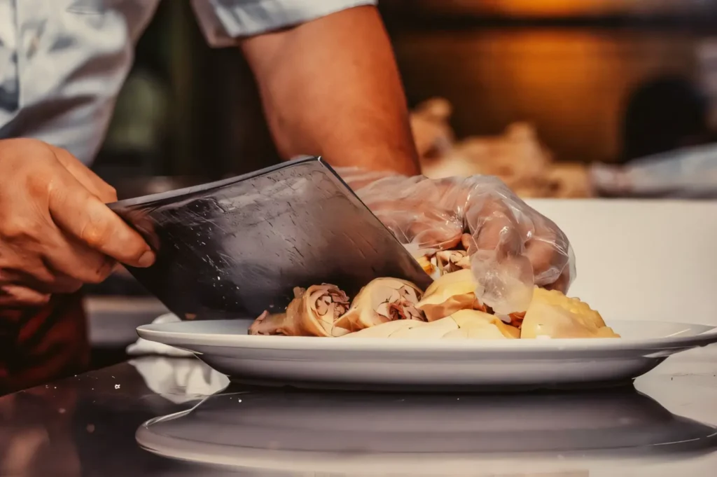 Close-up eye-level shot of a chef slicing poached chicken with a cleaver onto a white plate at a Singapore Hainanese chicken rice stall, highlighting fresh preparation and glossy chicken skin.