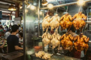 Eye-level shot of whole poached and roasted chickens hanging on metal hooks behind a glass display at a Singapore hawker stall, with diners seated in the background.