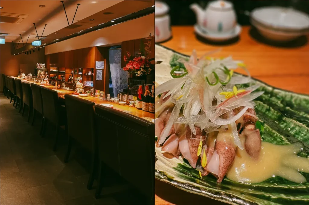 Left: Wide-angle, eye-level interior shot of a long restaurant bar with a row of tall chairs, warm wooden counters, softly lit shelves with bottles and décor, and a ceiling with recessed lighting creating a cozy, ambient atmosphere. Right: Close-up, three-quarter angle shot of a plated seafood dish on a ceramic plate, showing sliced raw seafood topped with finely shredded vegetables and sauce, arranged on a green leaf with glossy textures and natural tones under warm table lighting.