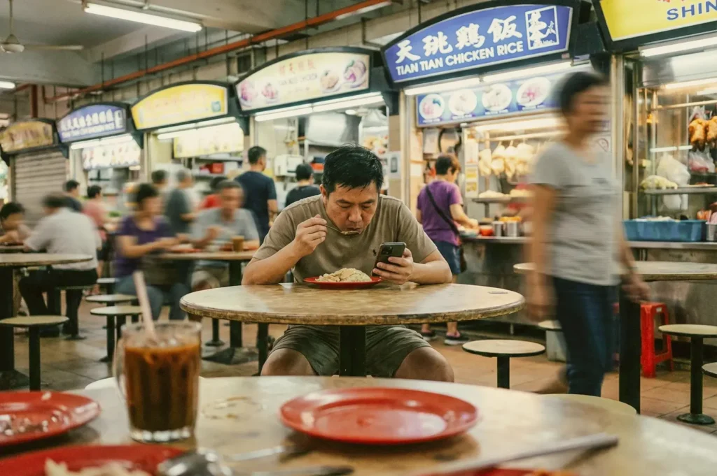 Wide-angle eye-level shot of a man seated alone at a round table in a Singapore hawker centre, eating Hainanese chicken rice while looking at a mobile phone, with Tian Tian Chicken Rice stall signage, busy diners, marble tables, and a lively food centre atmosphere in the background.