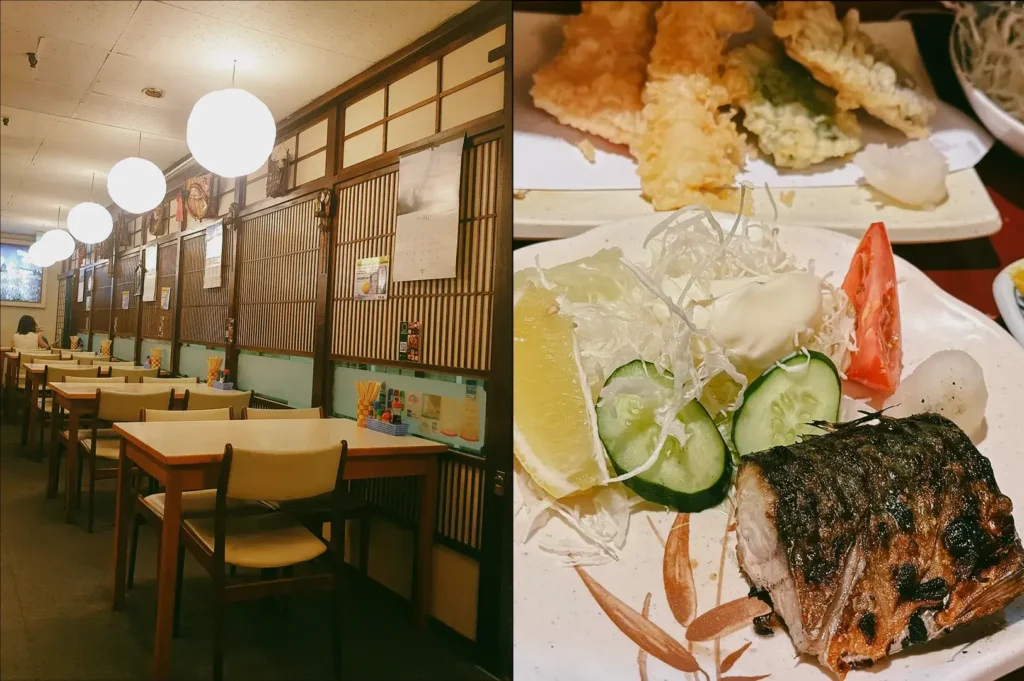 Left: Wide-angle, eye-level view of a casual restaurant dining area with neatly arranged tables and chairs, wood-paneled walls, round pendant lights, posters, and a calm, evenly lit interior ambiance. Right: Close-up, slightly top-down shot of a plated meal featuring a grilled fish portion with browned skin, thinly sliced vegetables, cucumber rounds, lemon wedge, shredded garnish, and tempura pieces in the background, emphasizing crisp textures, plating detail, and warm indoor lighting.