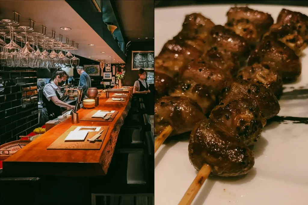 Left: Eye-level wide-angle view of a modern open kitchen restaurant bar with wooden countertops, hanging glassware, tiled walls, and visible food preparation areas under warm, focused lighting, emphasizing clean lines and depth. Right: Close-up, shallow depth-of-field shot of skewered grilled meat resting on a white plate, highlighting charred surfaces, browned glaze, grill marks, and moist texture under soft, warm lighting.