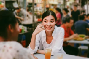Eye-level medium shot of diners seated at a heartland kopitiam table in Singapore, with iced barley drinks on a plastic table, capturing everyday conversation and neighborhood food culture in a busy hawker setting.