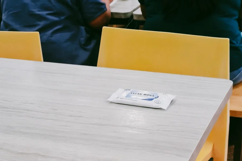 Reserved hawker table with a packet of tissue paper (chope) on a light wood surface and yellow chairs, captured in a slightly high-angle close-up shot emphasizing Singapore hawker center seating culture.